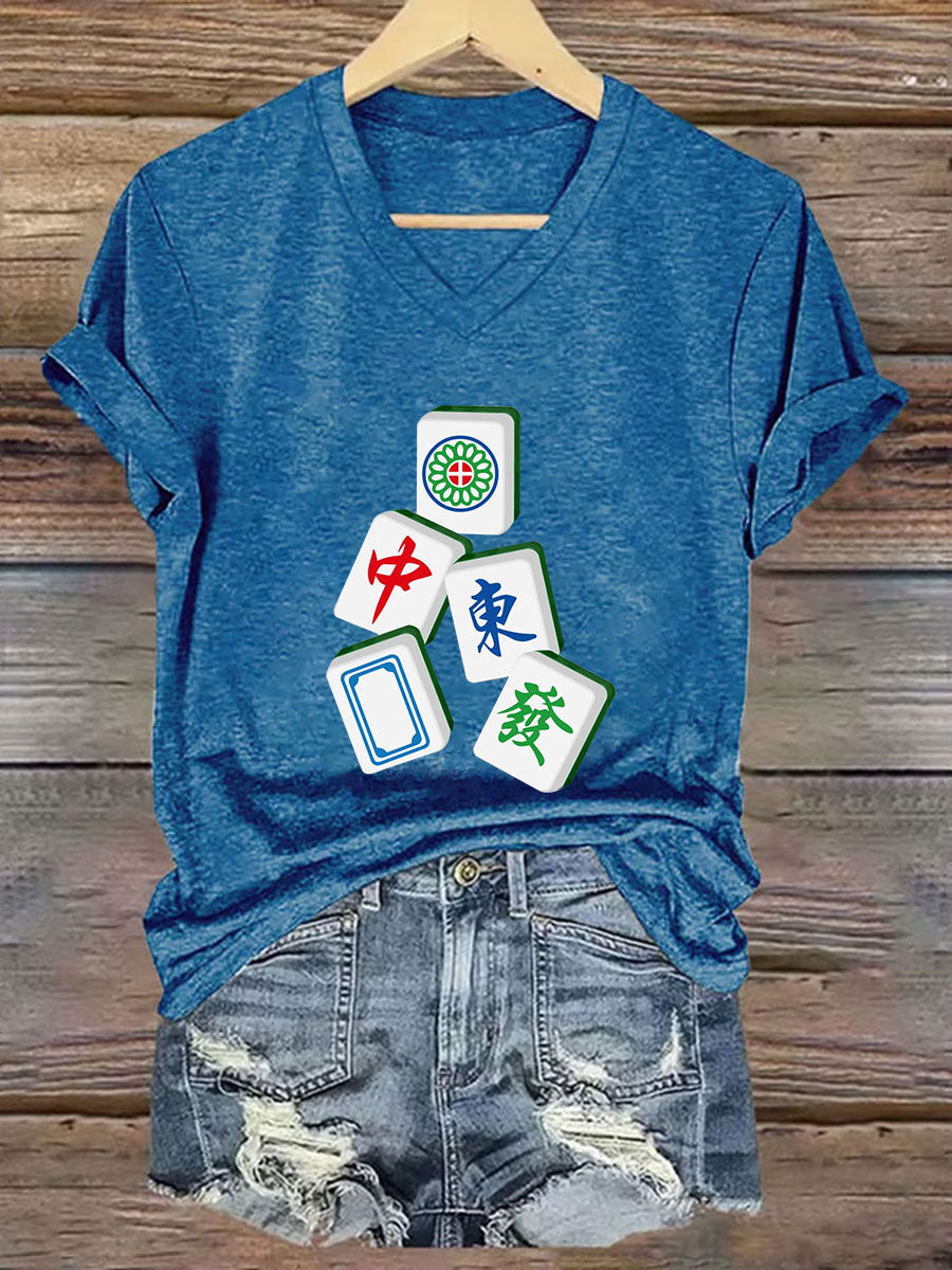 Camiseta con cuello en V It's mahjong time de mujer
