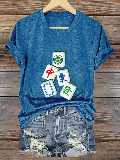 Camiseta con cuello en V It's mahjong time de mujer