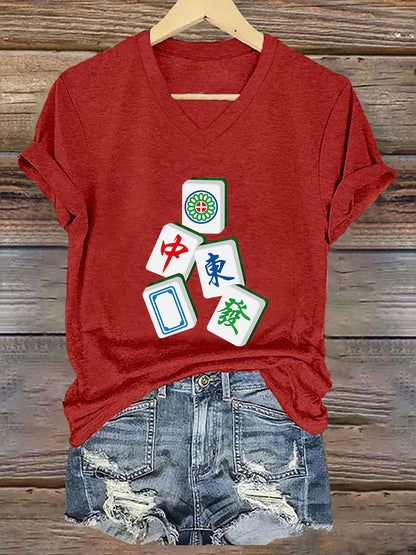 Camiseta con cuello en V It's mahjong time de mujer