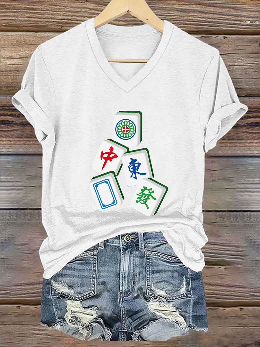 Camiseta con cuello en V It's mahjong time de mujer