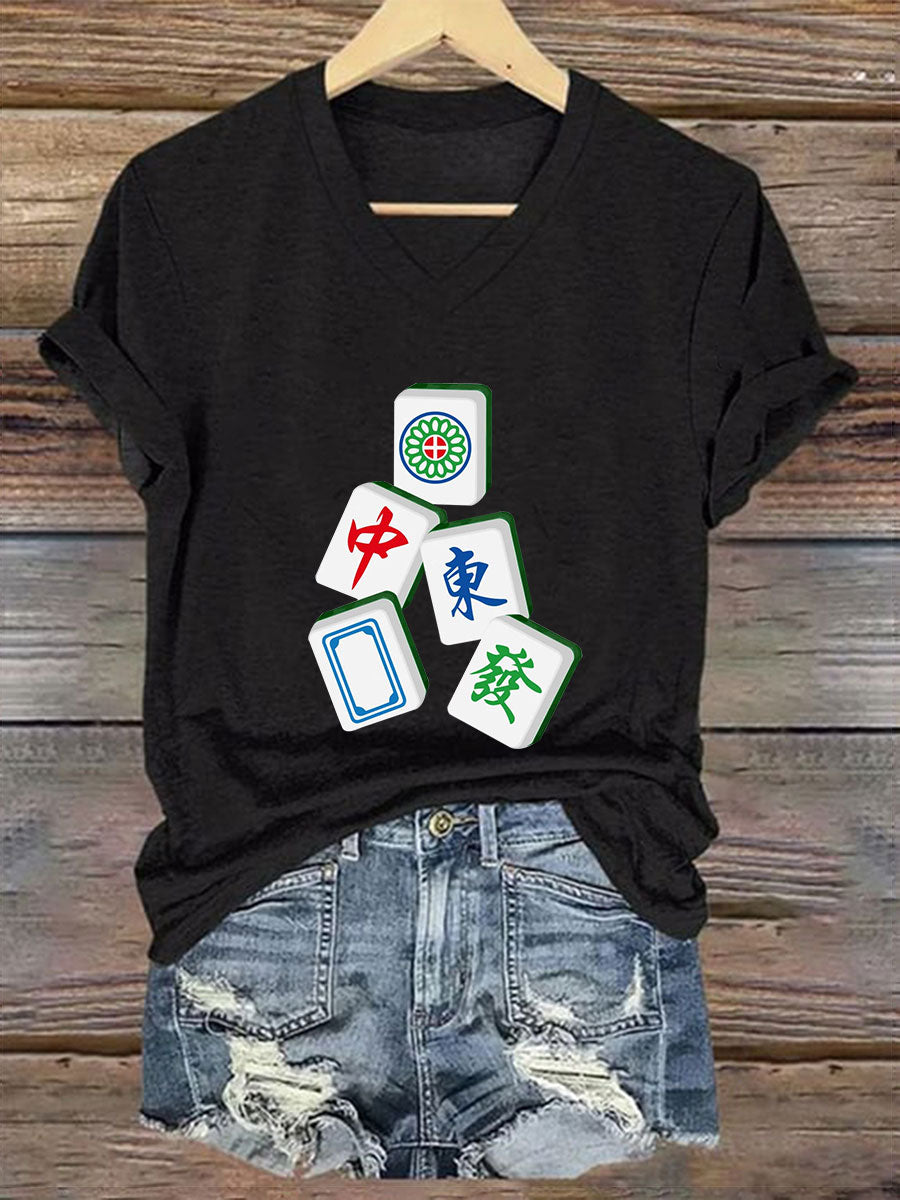 Camiseta con cuello en V It's mahjong time de mujer