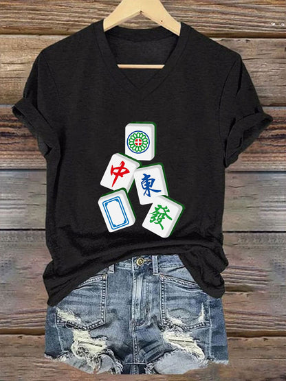 Camiseta con cuello en V It's mahjong time de mujer