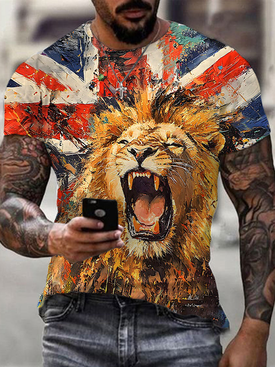 Men's British Flag Lion with Union Jack Print Casual Short Sleeve Tee