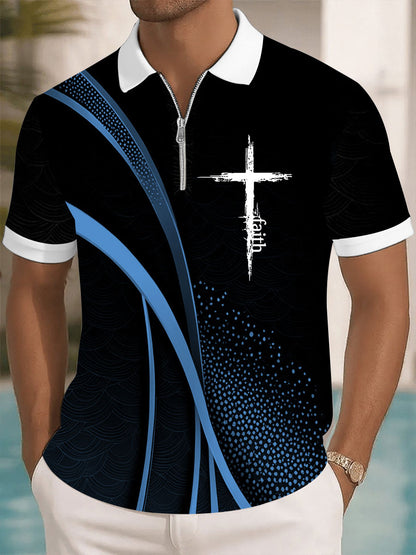 Men's Faith Cross Printed Casual Zip-Up Top