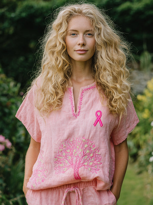 Womens Pink Ribbon & Tree Embroidered Linen Shirt