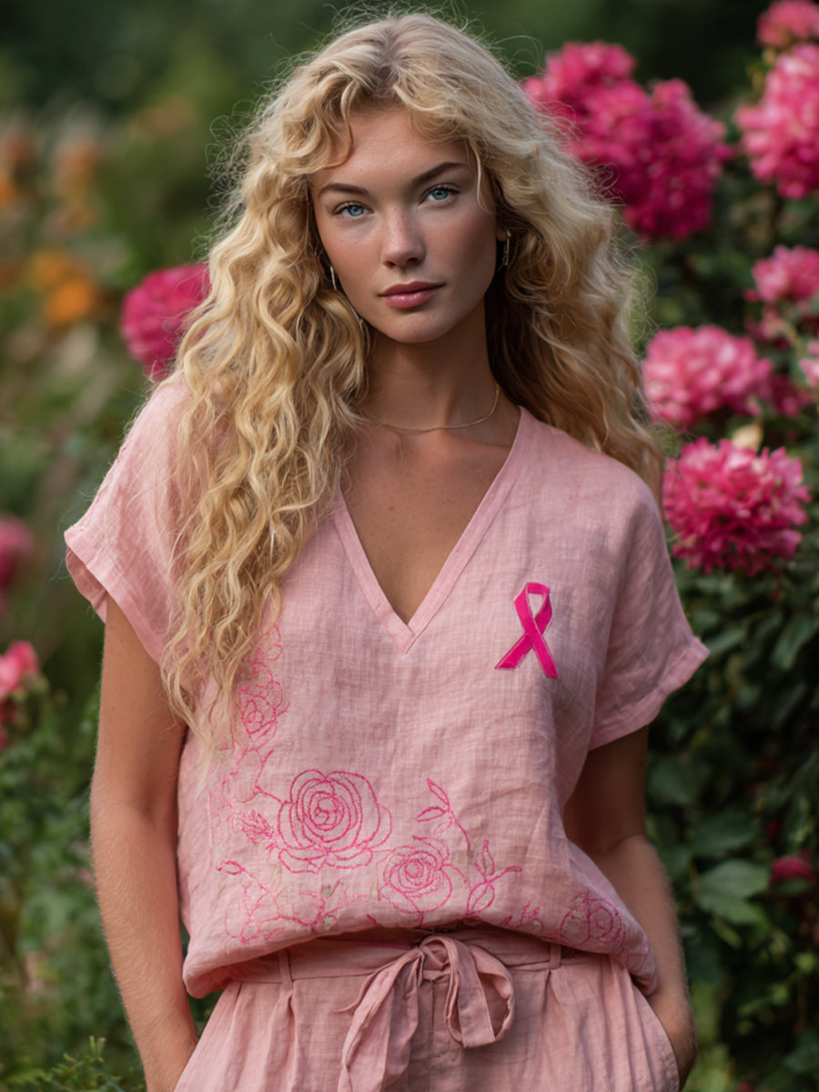 Womens Pink Ribbon & Rose Embroidered Linen Shirt