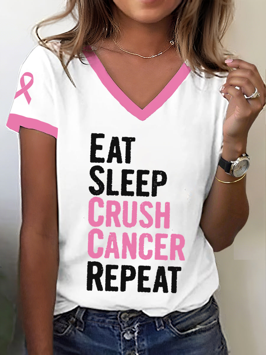 Women's Breast Cancer Awareness Eat Sleep Crush Cancer Repeat T-Shirt