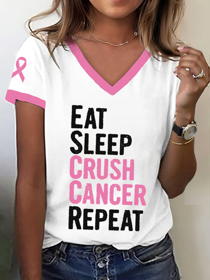 Women's Breast Cancer Awareness Eat Sleep Crush Cancer Repeat T-Shirt