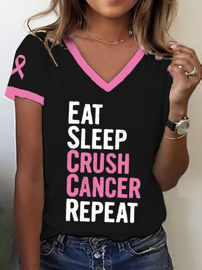 Women's Breast Cancer Awareness Eat Sleep Crush Cancer Repeat T-Shirt