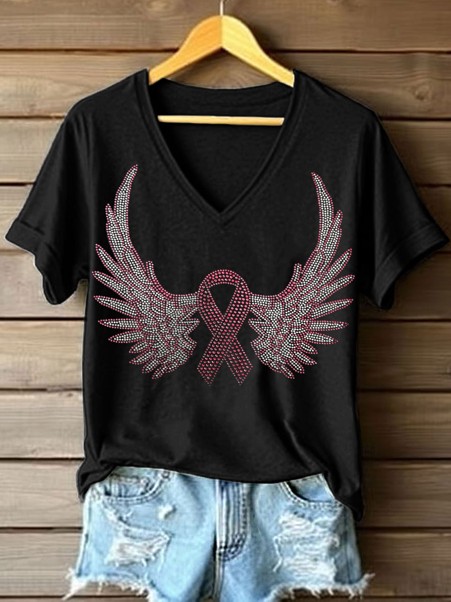 Women's Pink Ribbon Rhinestone Art V-Neck T-Shirt