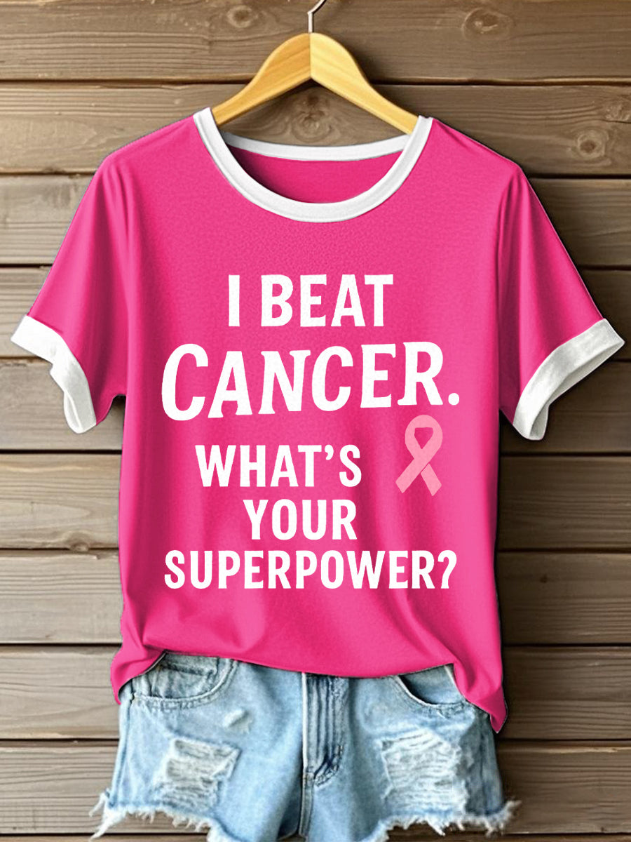Women's I Beat Cancer Print Breast Cancer Awareness T-Shirt