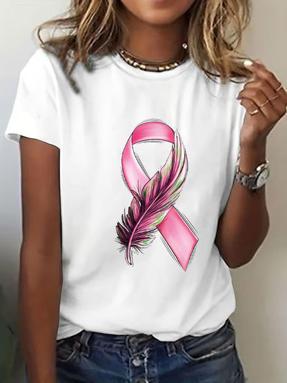 Women's Breast Cancer Awareness Pink Ribbon Print T-Shirt