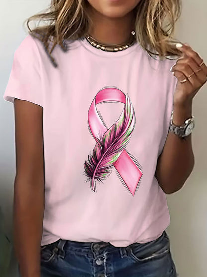 Women's Breast Cancer Awareness Pink Ribbon Print T-Shirt