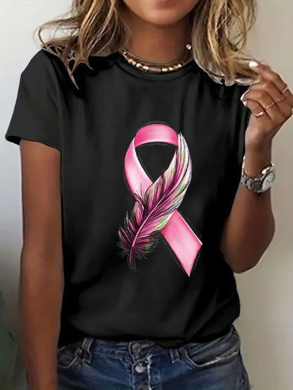Women's Breast Cancer Awareness Pink Ribbon Print T-Shirt