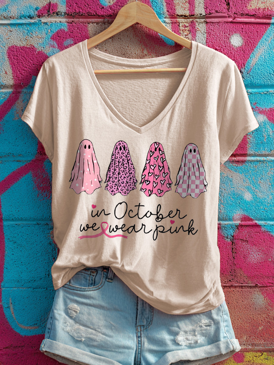 Women's In October We Wear Pink Ghosts Print V-Neck T-Shirt