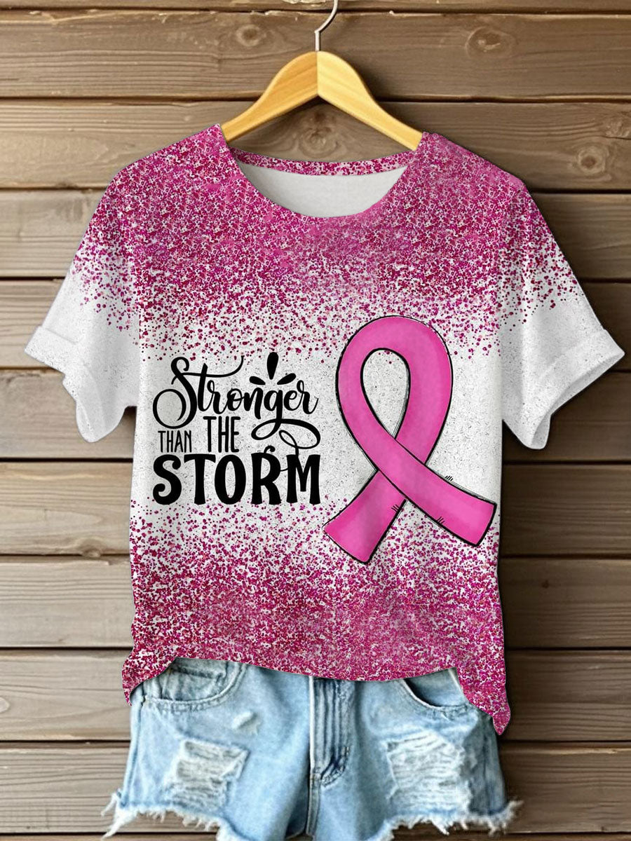 Women's Breast Cancer Awareness  Pink Ribbon Stronger Than The Storm Print Short Sleeve T-shirt