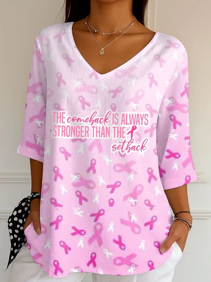 Women's Breast Cancer The Comeback Is Always Stronger Than The Setback Pink Ribbon Print Top