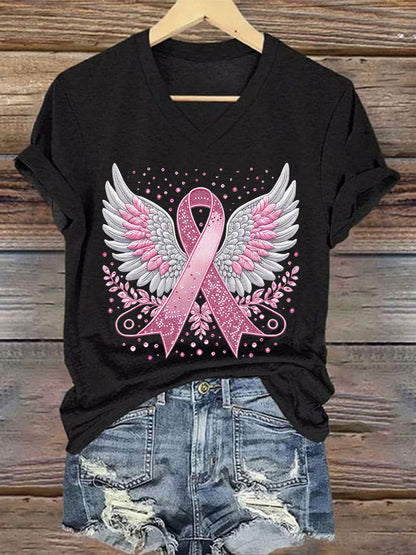 Women's Breast Cancer Awareness Pink Ribbon Print T-Shirt