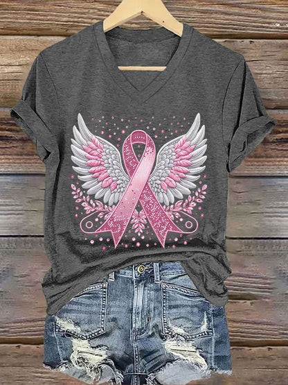 Women's Breast Cancer Awareness Pink Ribbon Print T-Shirt