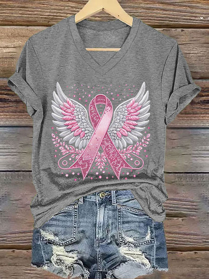 Women's Breast Cancer Awareness Pink Ribbon Print T-Shirt
