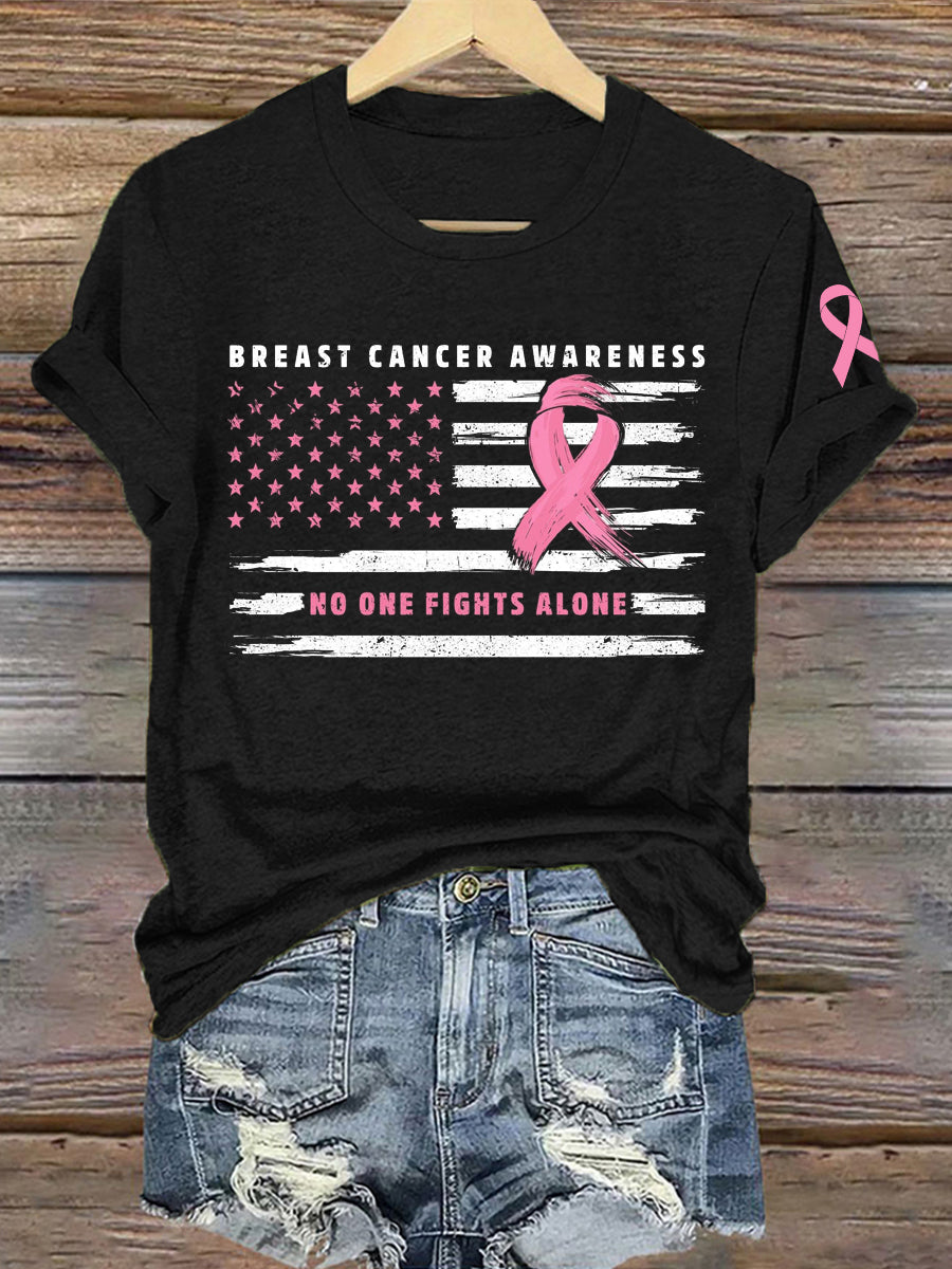 Women's Breast Cancer Awareness No One Fights Alone Print T-Shirt
