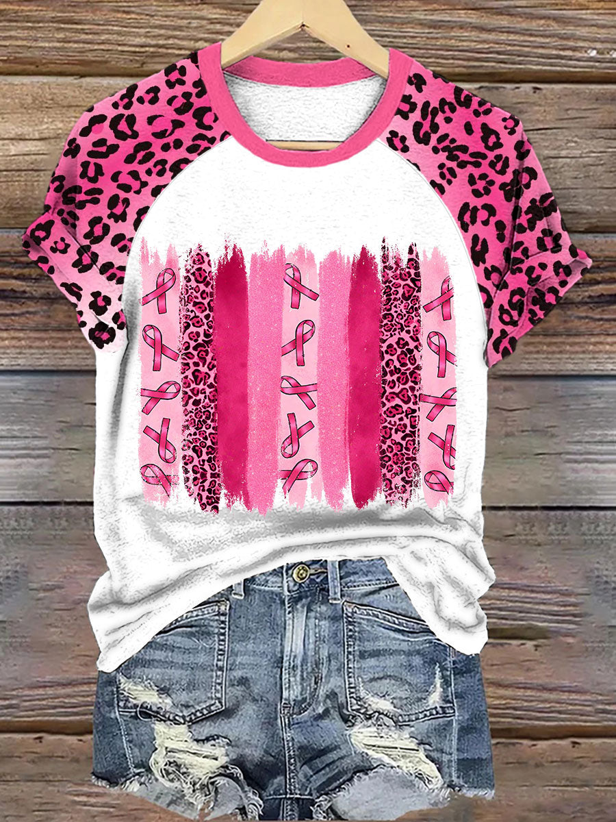 Women's Breast Cancer Awareness Pink Ribbon Leopard Print T-Shirt