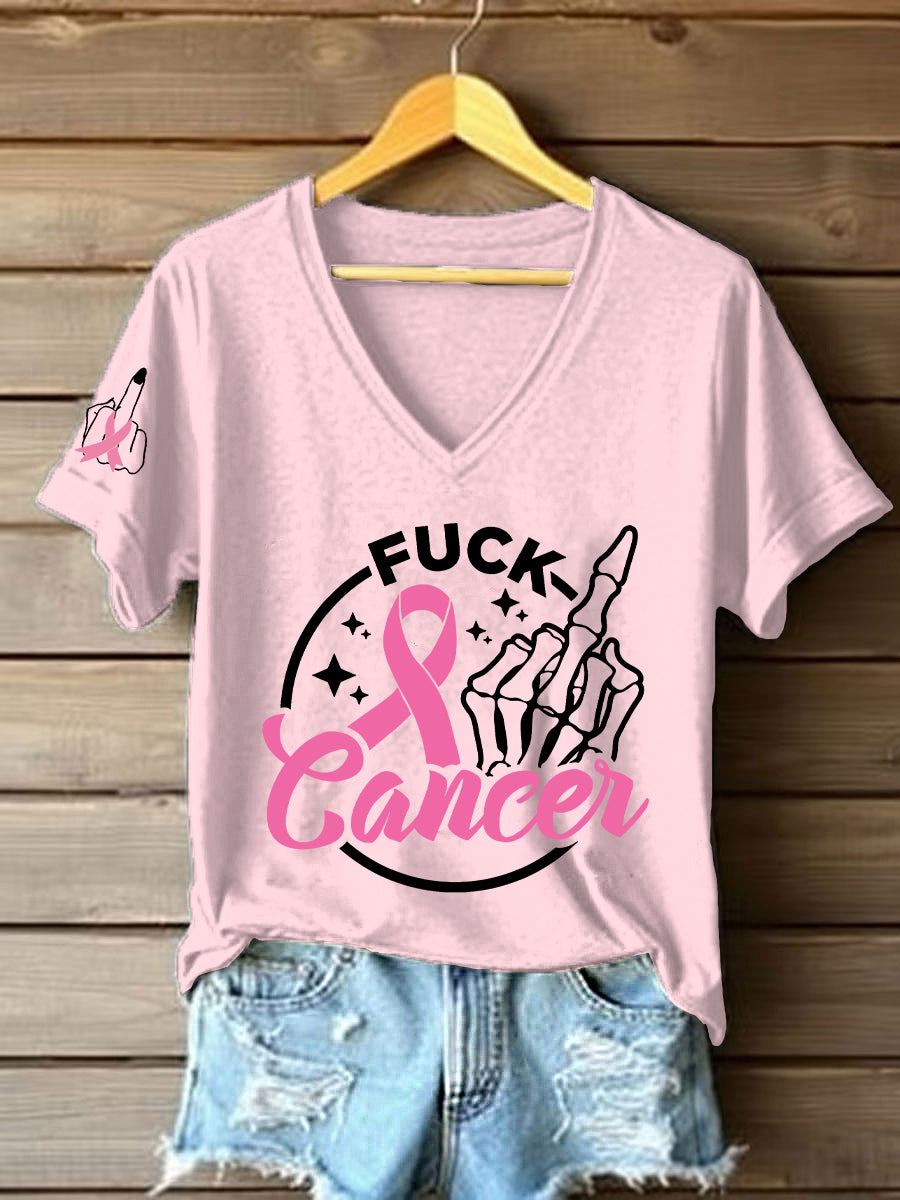 Women's Breast Cancer Awareness  Fuck Cancer Middle Fingers Short Sleeve T-Shirt