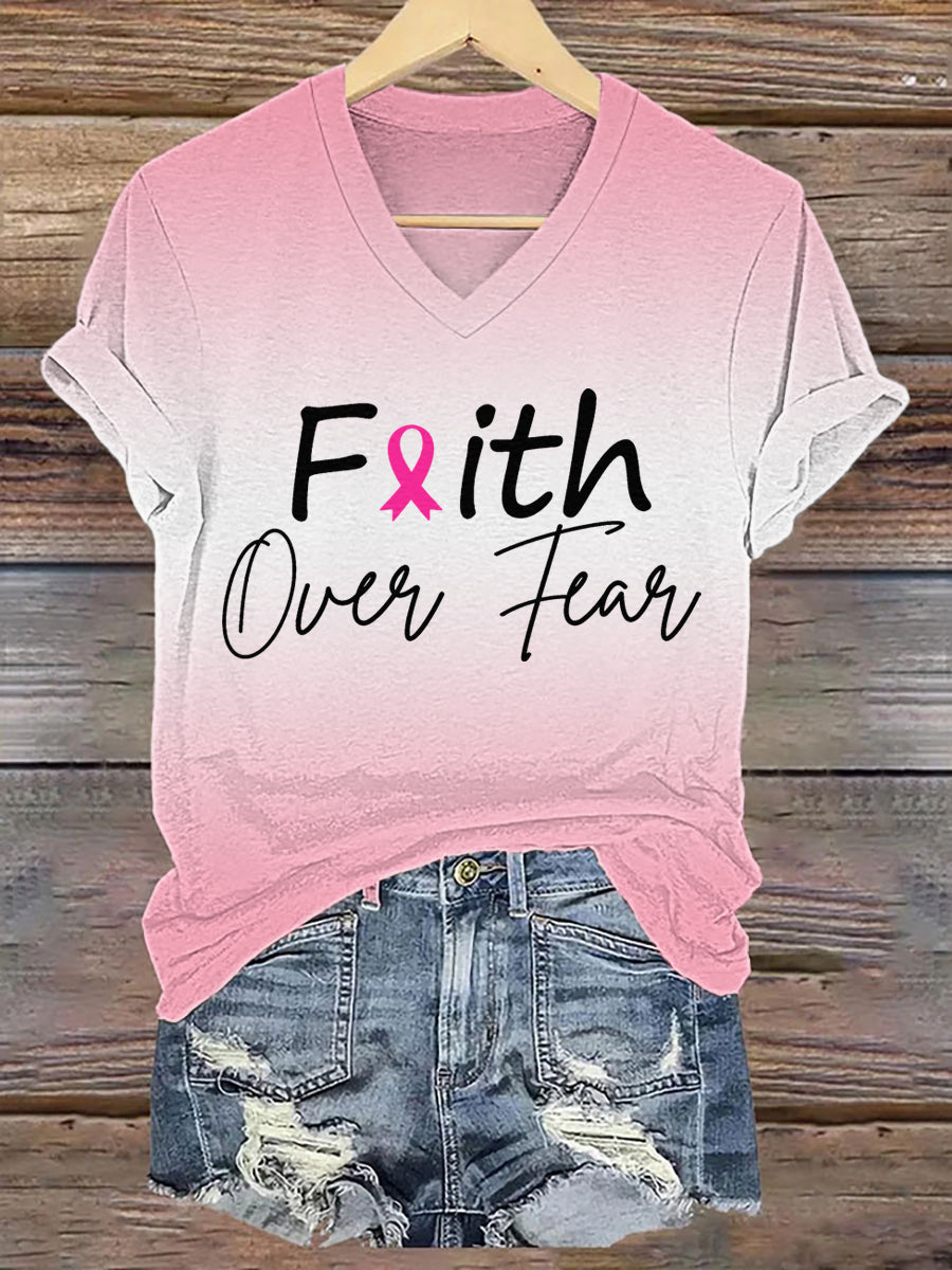 Women's Breast Cancer Awareness Faith Over Fear Print T-Shirt