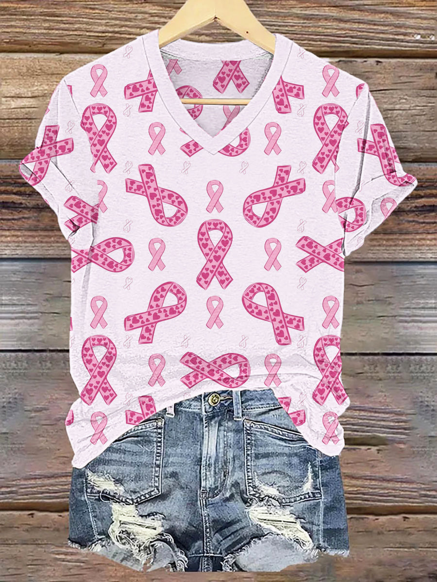 Women's Breast Cancer Awareness Pink Ribbon Print T-Shirt