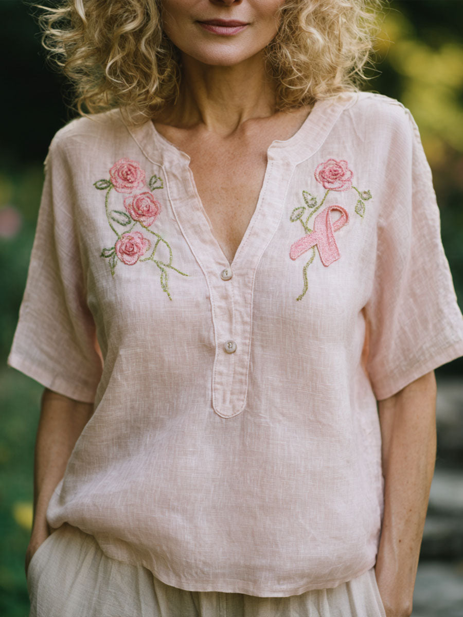 Women's Pink Ribbon & Floral Embroidered Linen Shirt