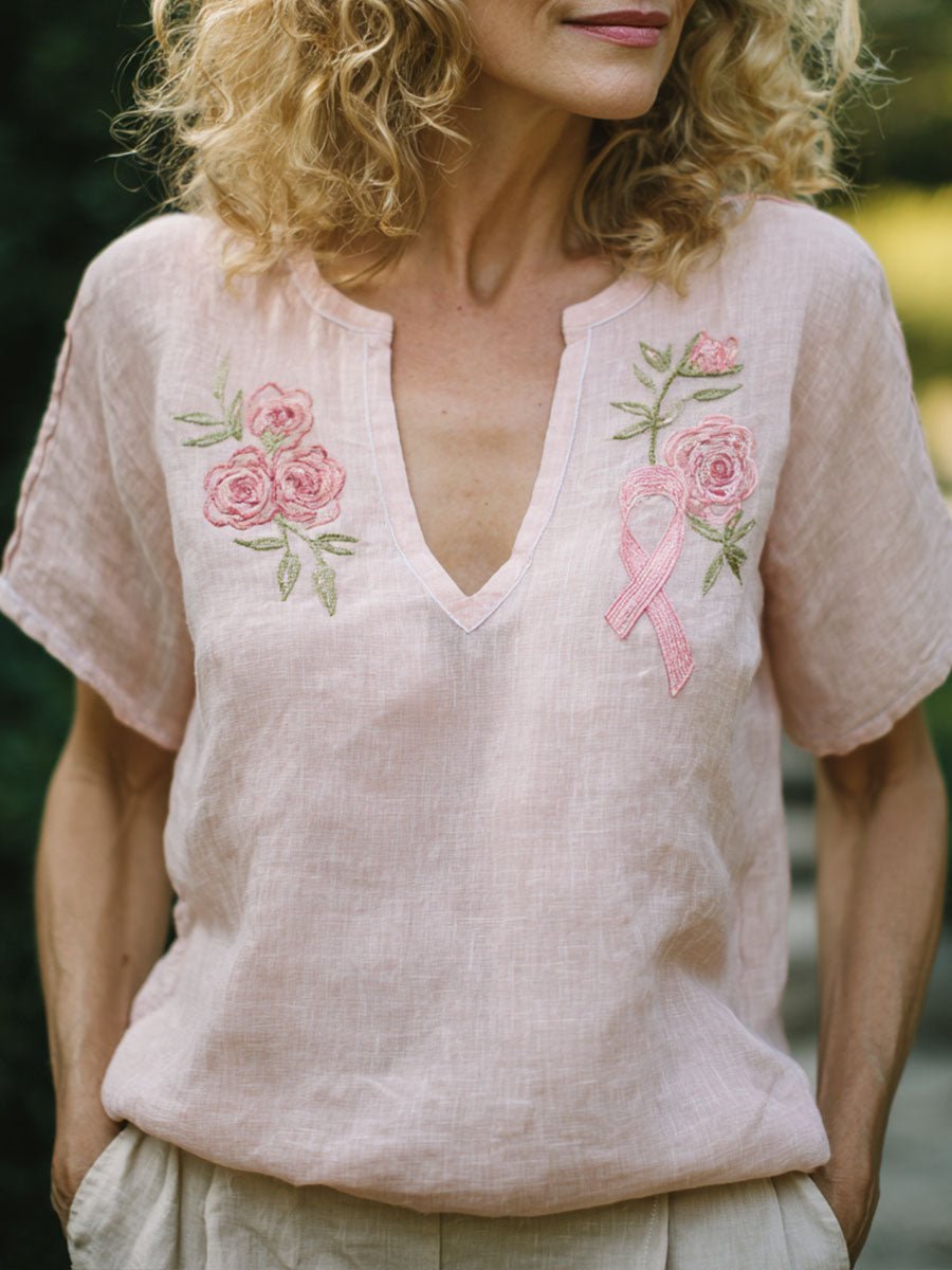 Women's Pink Ribbon & Floral Embroidered Linen Shirt