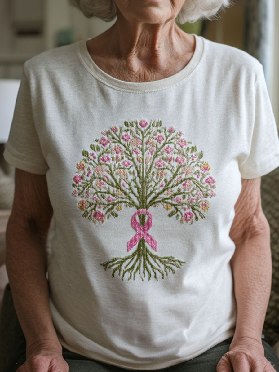 Women's Pink Ribbon & Tree of Life Embroidered T-Shirt