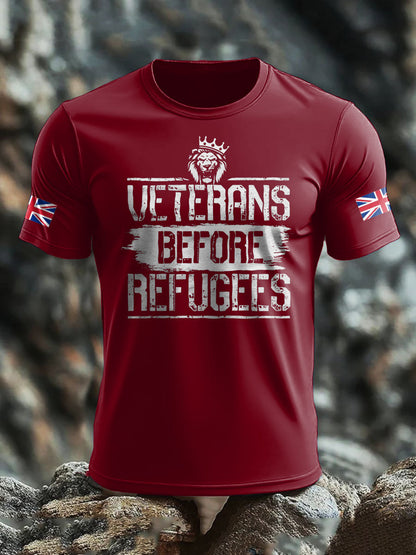 Men's UK Flag Immigration Veterans Before Refugees Printed T-shirt