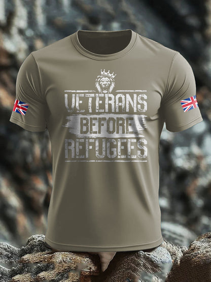 Men's UK Flag Immigration Veterans Before Refugees Printed T-shirt
