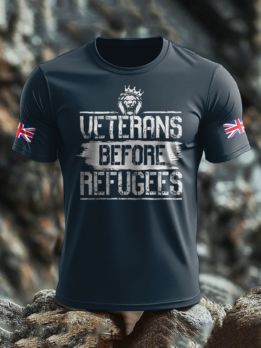 Men's UK Flag Immigration Veterans Before Refugees Printed T-shirt