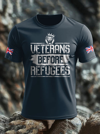 Men's UK Flag Immigration Veterans Before Refugees Printed T-shirt