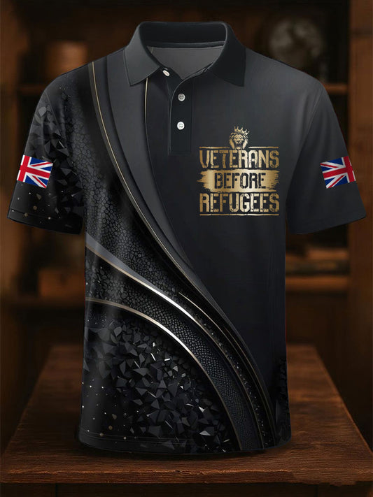 Men's UK Flag Immigration Veterans Before Refugees Printed Polo Shirt