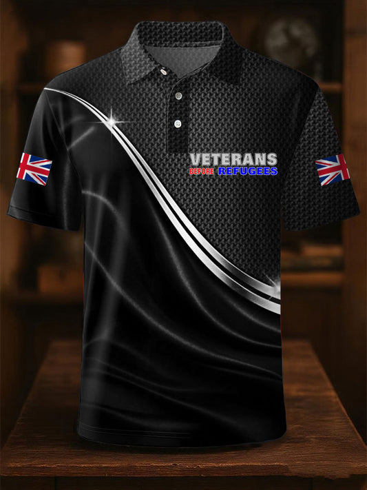 Men's UK Flag Immigration Veterans Before Refugees Printed Polo Shirt