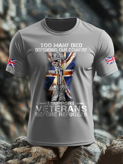 Men's UK Flag Immigration Veterans Before Refugees Printed T-shirt