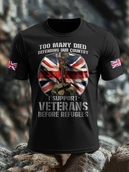Men's UK Flag Immigration Veterans Before Refugees Printed T-shirt