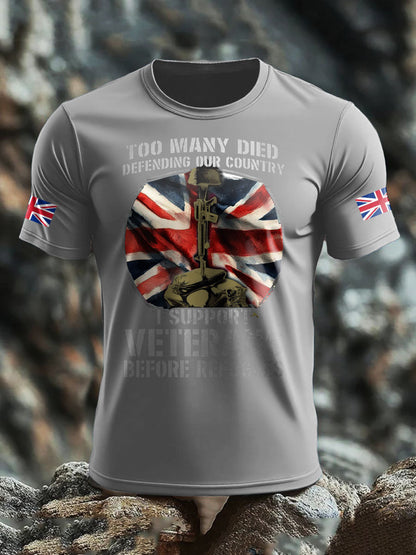 Men's UK Flag Immigration Veterans Before Refugees Printed T-shirt