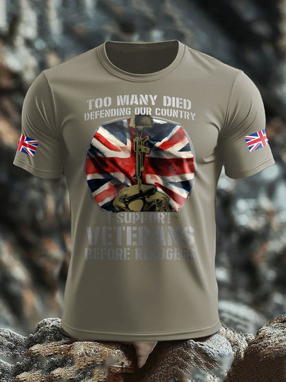 Men's UK Flag Immigration Veterans Before Refugees Printed T-shirt