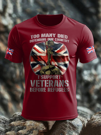 Men's UK Flag Immigration Veterans Before Refugees Printed T-shirt