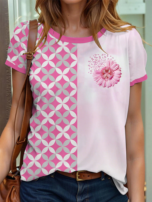 Women's Breast Cancer Awareness Sunflower Pink Ribbon Print T-Shirt