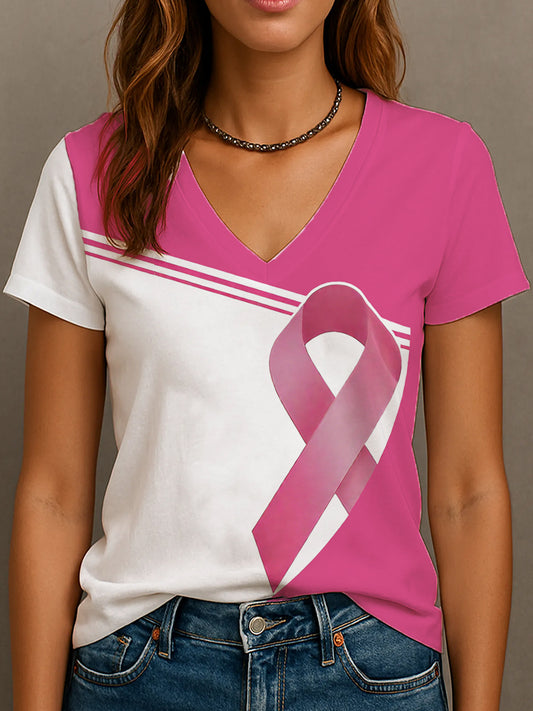Women's Breast Cancer Awareness Pink Ribbon V-Neck T-Shirt