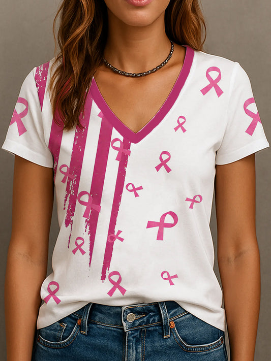Women's Breast Cancer Awareness Pink Ribbon V-Neck T-Shirt