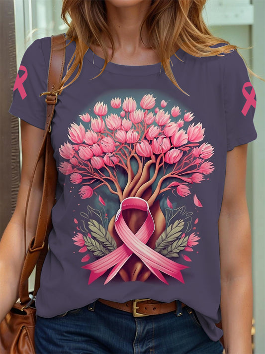 Women's Breast Cancer Awareness Tree of Life Pink Ribbon Print T-Shirt