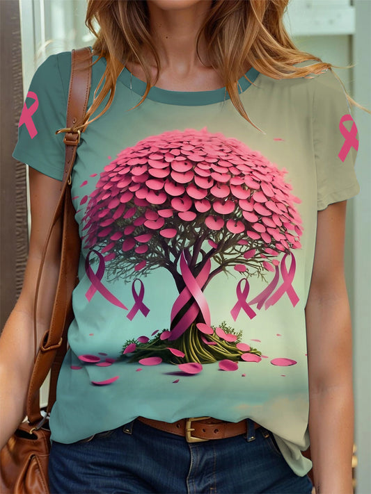 Women's Breast Cancer Awareness Tree of Life Pink Ribbon Print T-Shirt