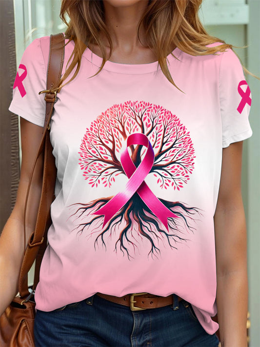 Women's Breast Cancer Awareness Tree of Life Pink Ribbon Print T-Shirt