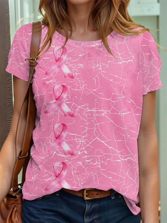 Women's Breast Cancer Awareness Pink Ribbon Print T-Shirt